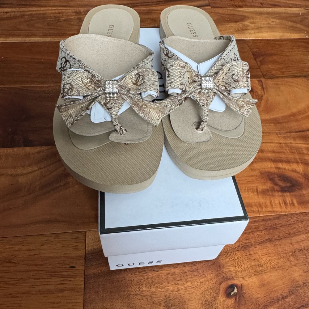 GUESS Women's Tan Sandals with Bow Accent